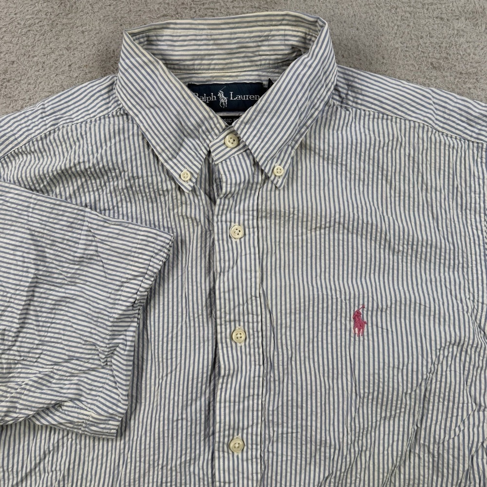 Polo Ralph Lauren Shirt Mens Medium Blue White Striped Button Pony Classic Fit